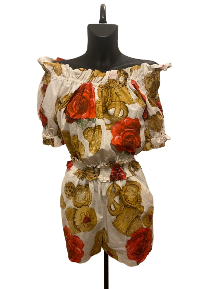 Dolce & Gabbana White Cookie & Floral Print Cotton Off-Shoulder