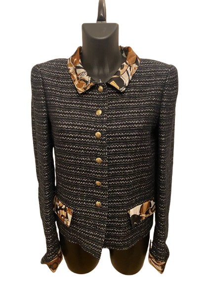 Chanel Black Tweed Silk Floral Collar Jacket SS2005