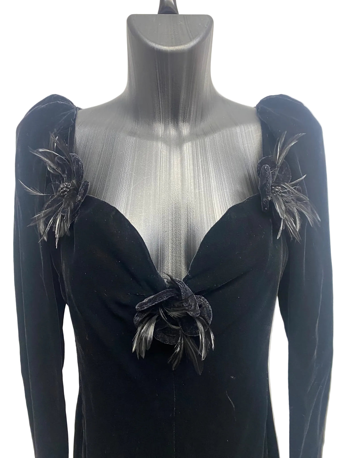 Yves Saint Laurent Rive Gauche Black Velvet Feather Evening Dress 1986/1988