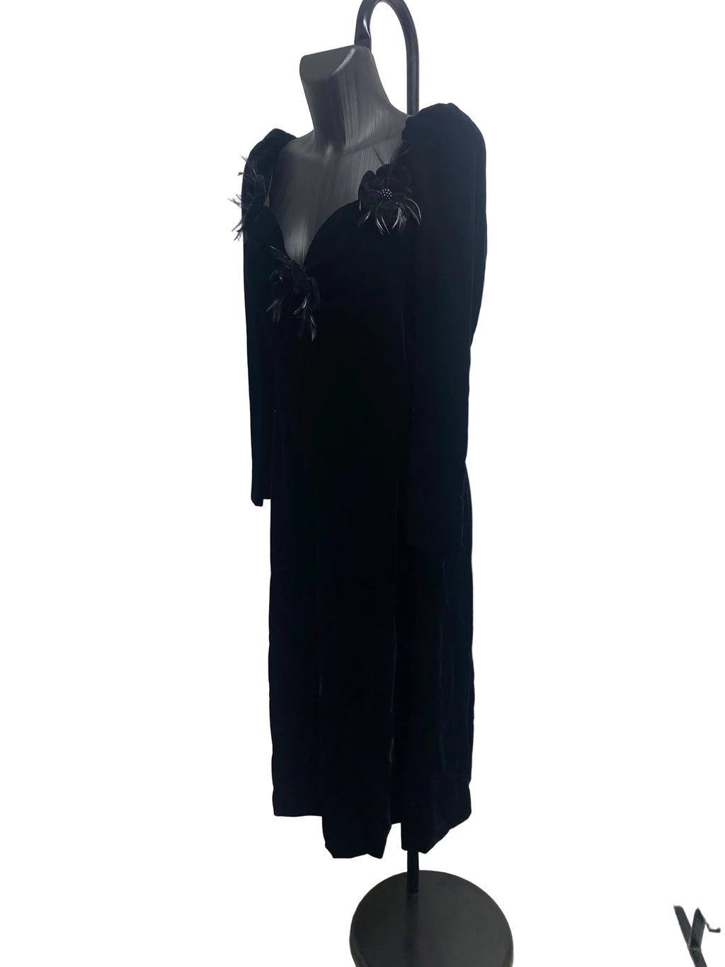Yves Saint Laurent Rive Gauche Black Velvet Feather Evening Dress 1986/1988