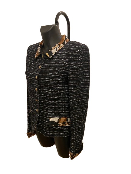 Chanel Black Tweed Silk Floral Collar Jacket SS2005