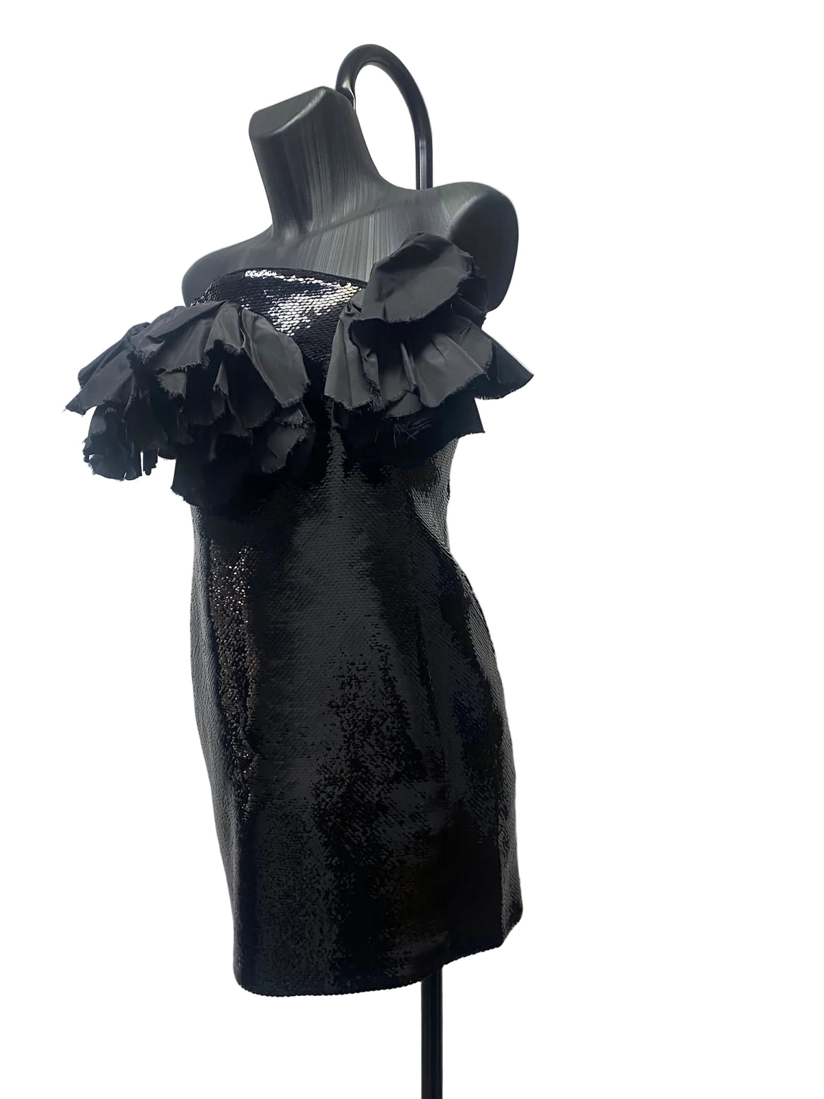 Saint Laurent Black Sequined Strapless Mini Dress with Voluminous Ruffles