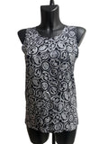 CHANEL Vintage Printed Silk Sleeveless Top – Black & Grey Monogram Camellia Pattern