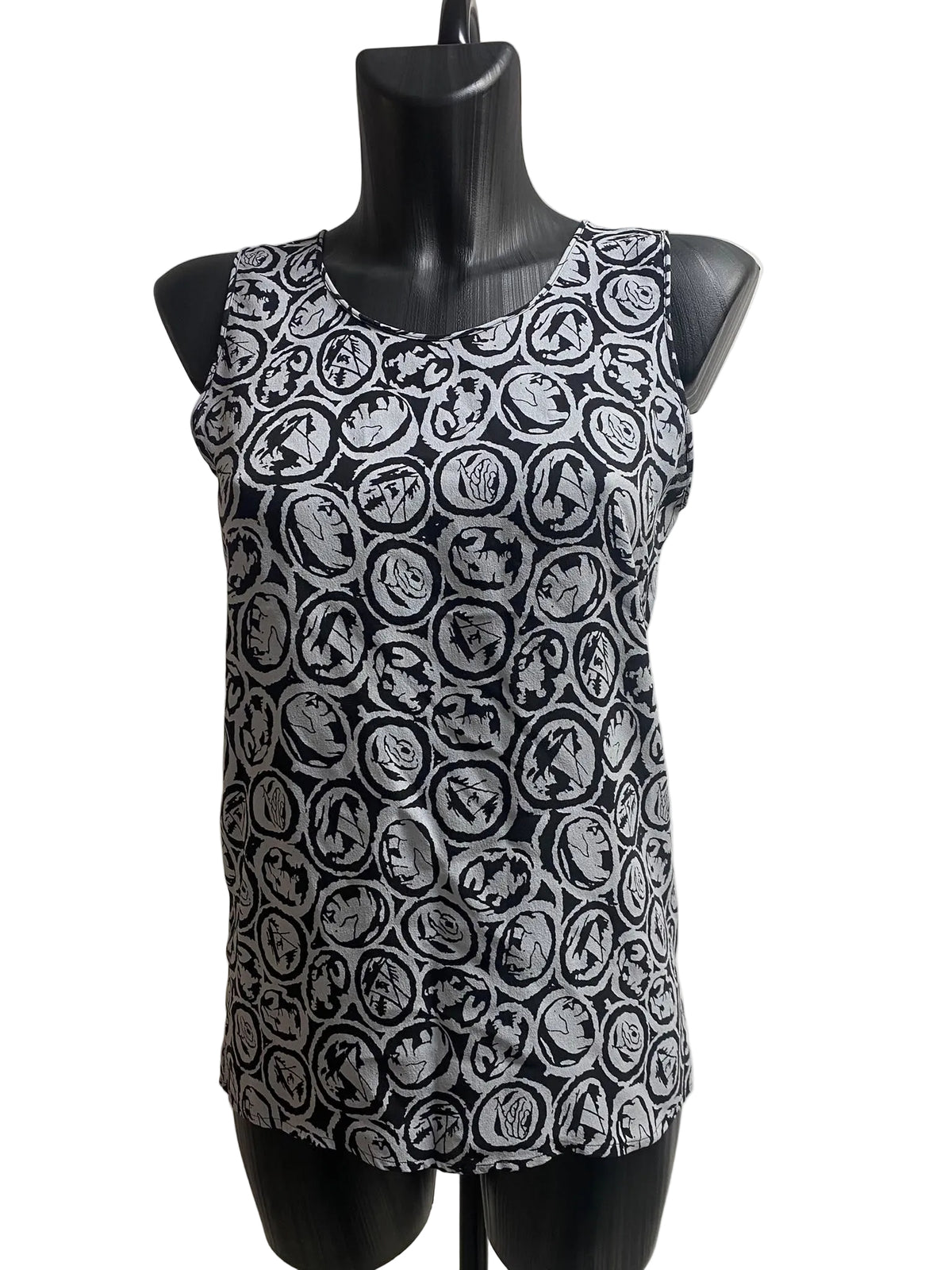 CHANEL Vintage Printed Silk Sleeveless Top – Black & Grey Monogram Camellia Pattern