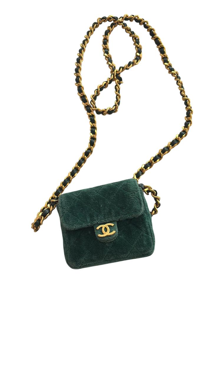 Chanel nano shoulder bag in green velvet with golden double C