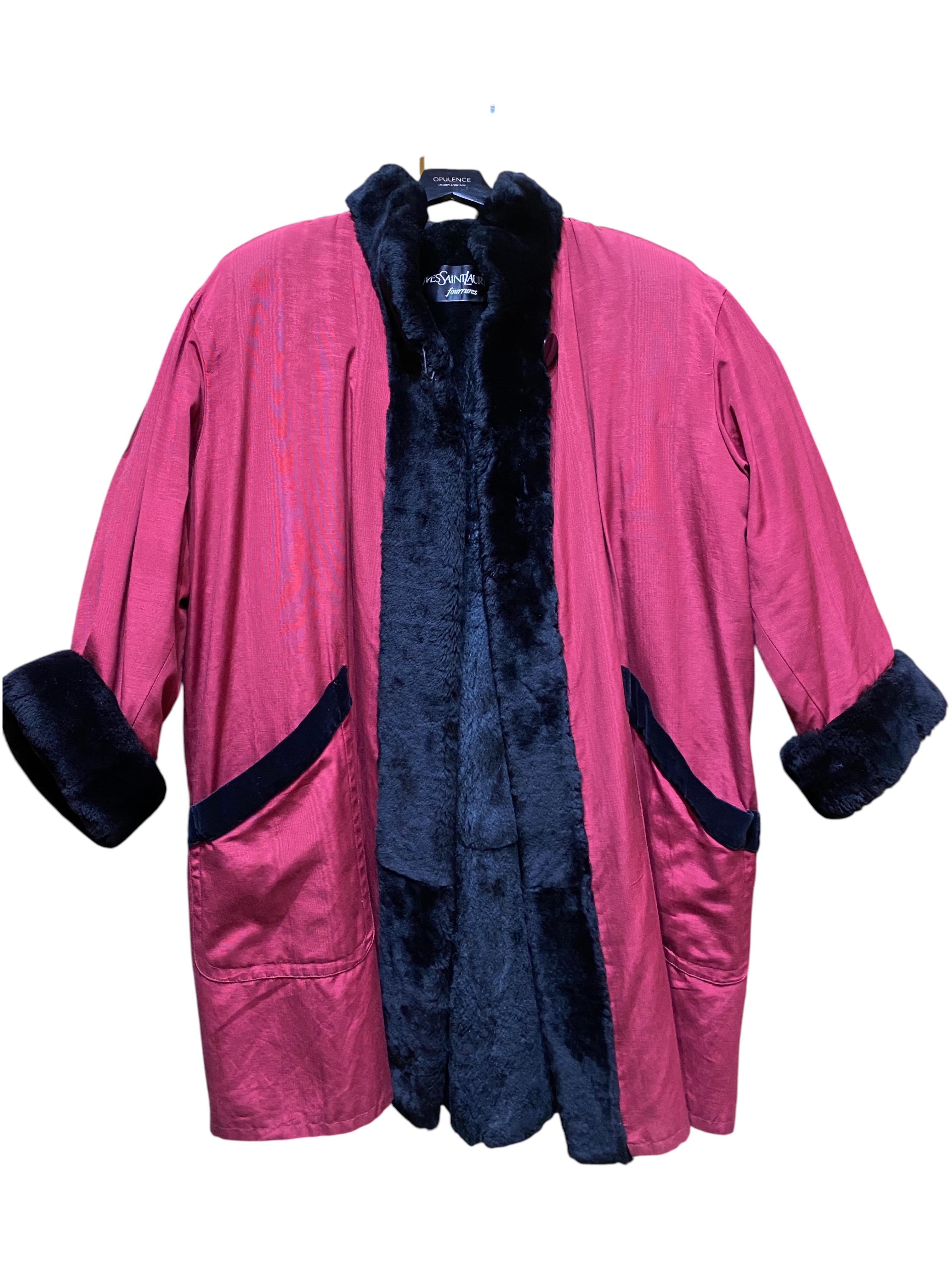 Yves Saint Laurent burgundy and black fur coat