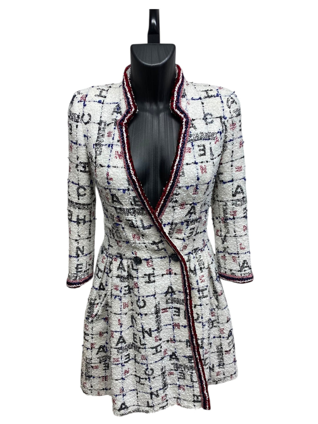 S/S2020 Chanel White, Blue & Red Tweed Long Sleeve Midi Dress with Black Embellished Buttons and Logo Details