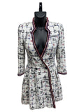 S/S2020 Chanel White, Blue & Red Tweed Long Sleeve Midi Dress with Black Embellished Buttons and Logo Details