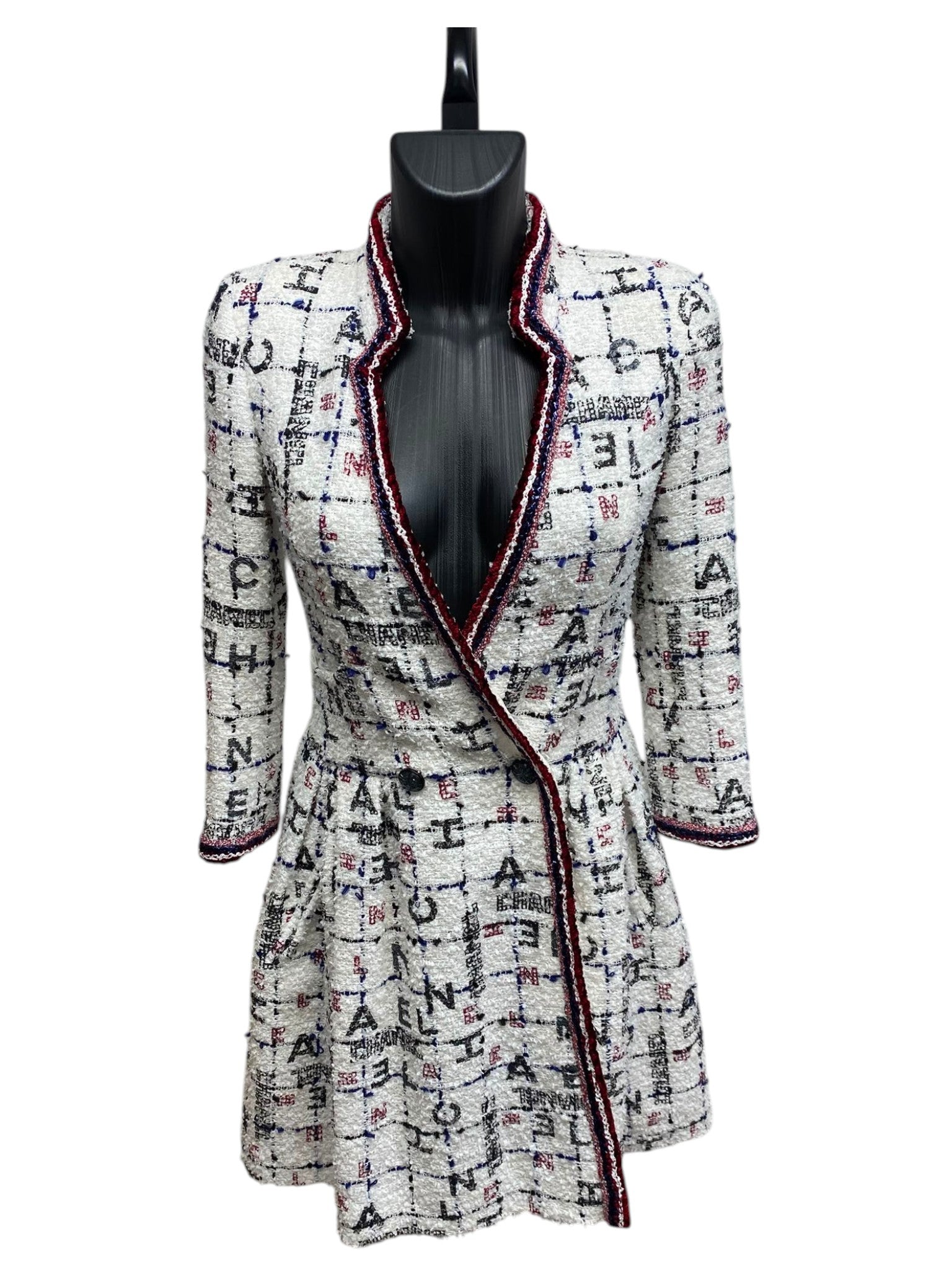 S/S2020 Chanel White, Blue & Red Tweed Long Sleeve Midi Dress with Black Embellished Buttons and Logo Details