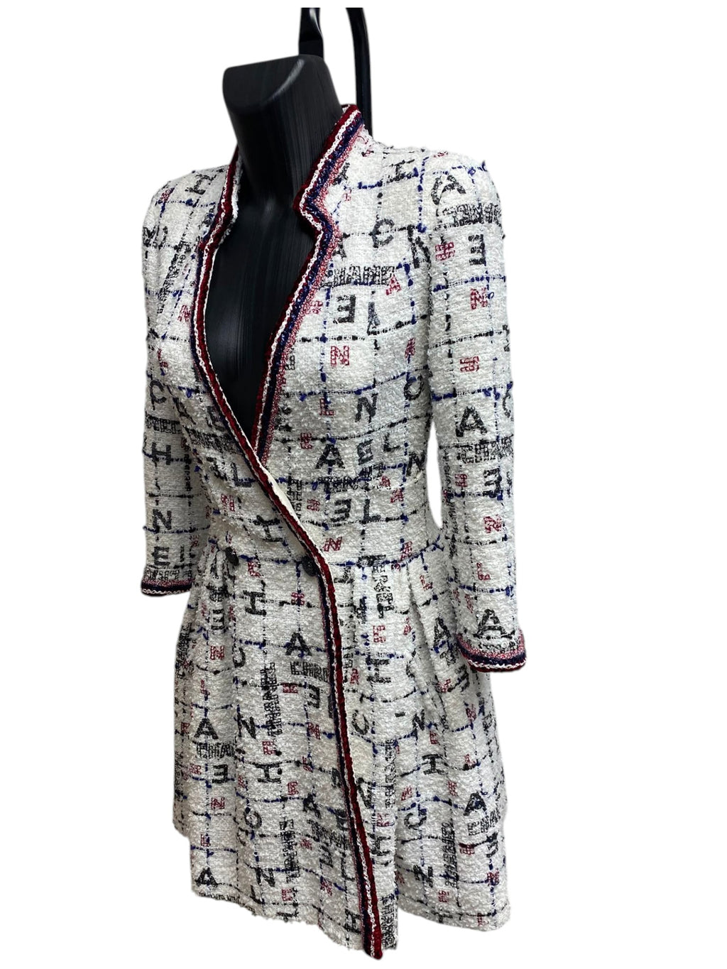 S/S2020 Chanel White, Blue & Red Tweed Long Sleeve Midi Dress with Black Embellished Buttons and Logo Details