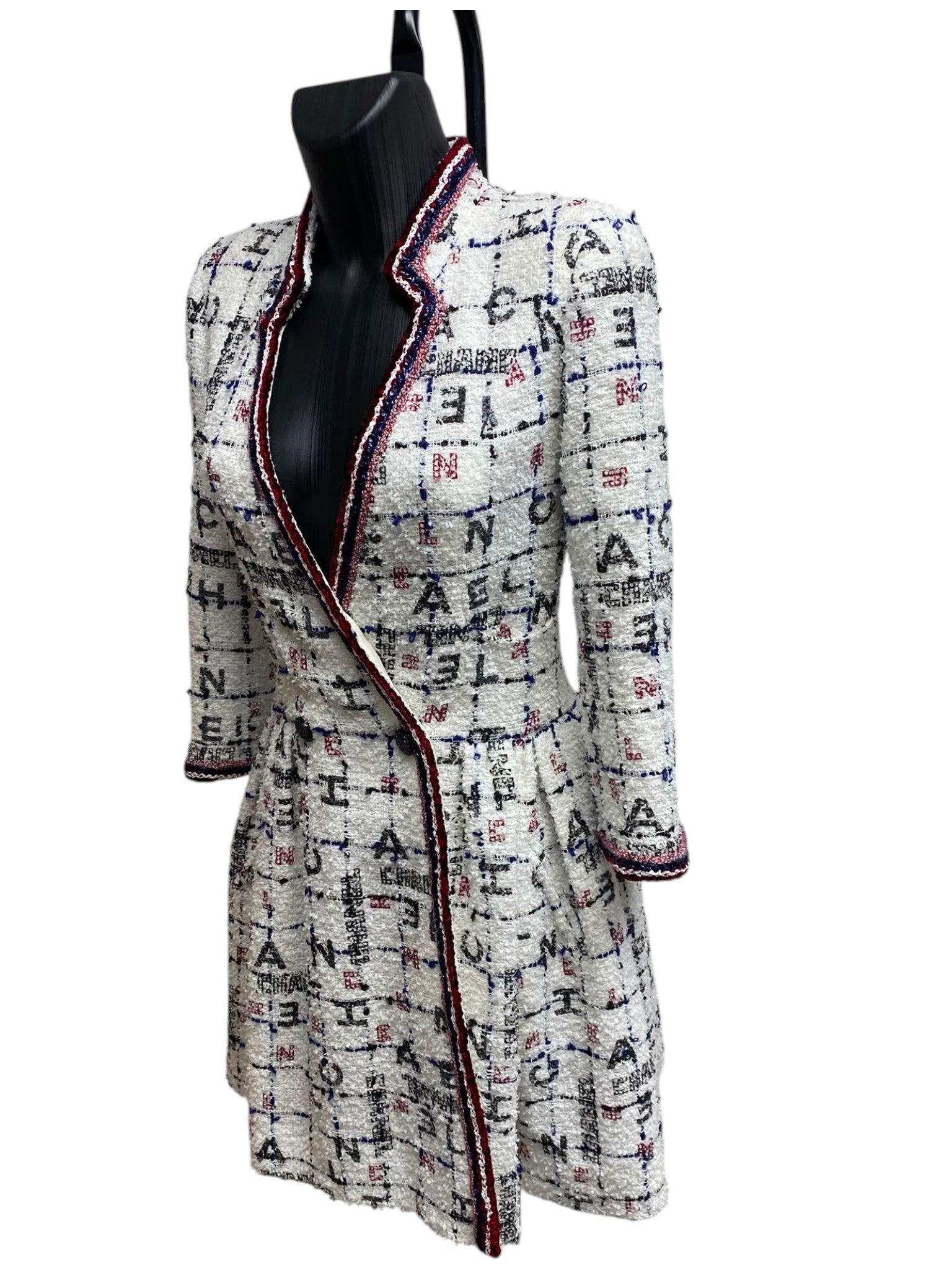 S/S2020 Chanel White, Blue & Red Tweed Long Sleeve Midi Dress with Black Embellished Buttons and Logo Details
