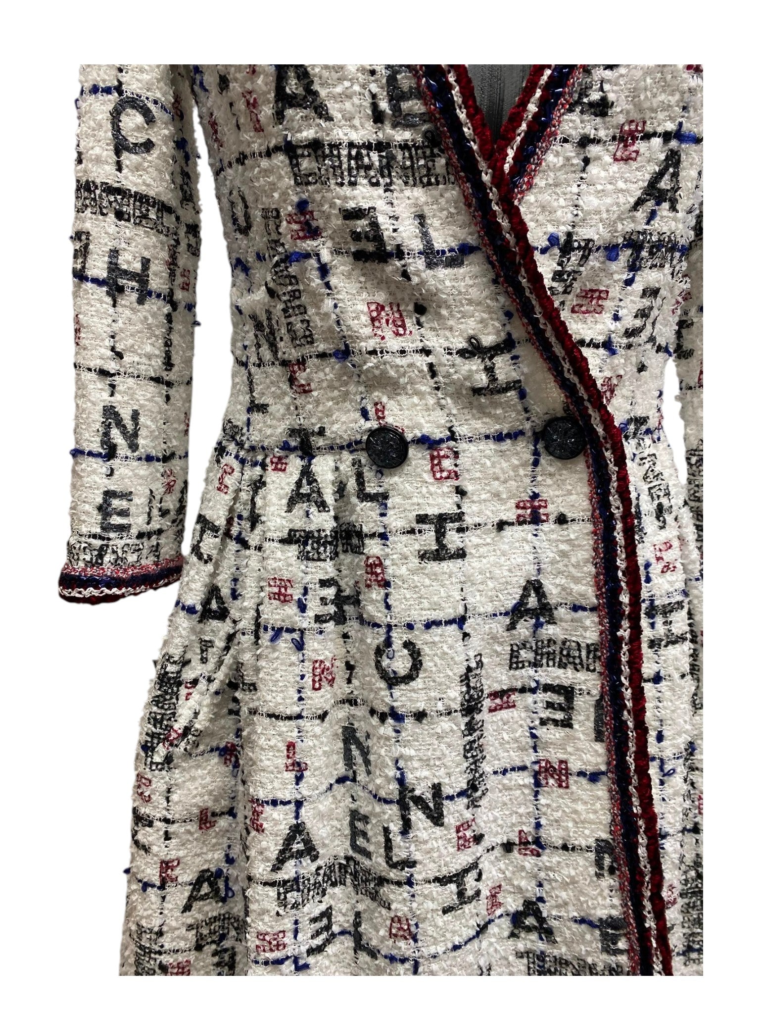 S/S2020 Chanel White, Blue & Red Tweed Long Sleeve Midi Dress with Black Embellished Buttons and Logo Details