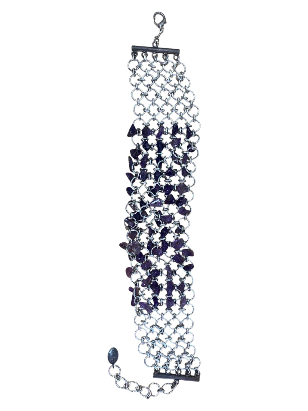 Paco Rabanne chainmail choker in silvered metal with violet glass beads