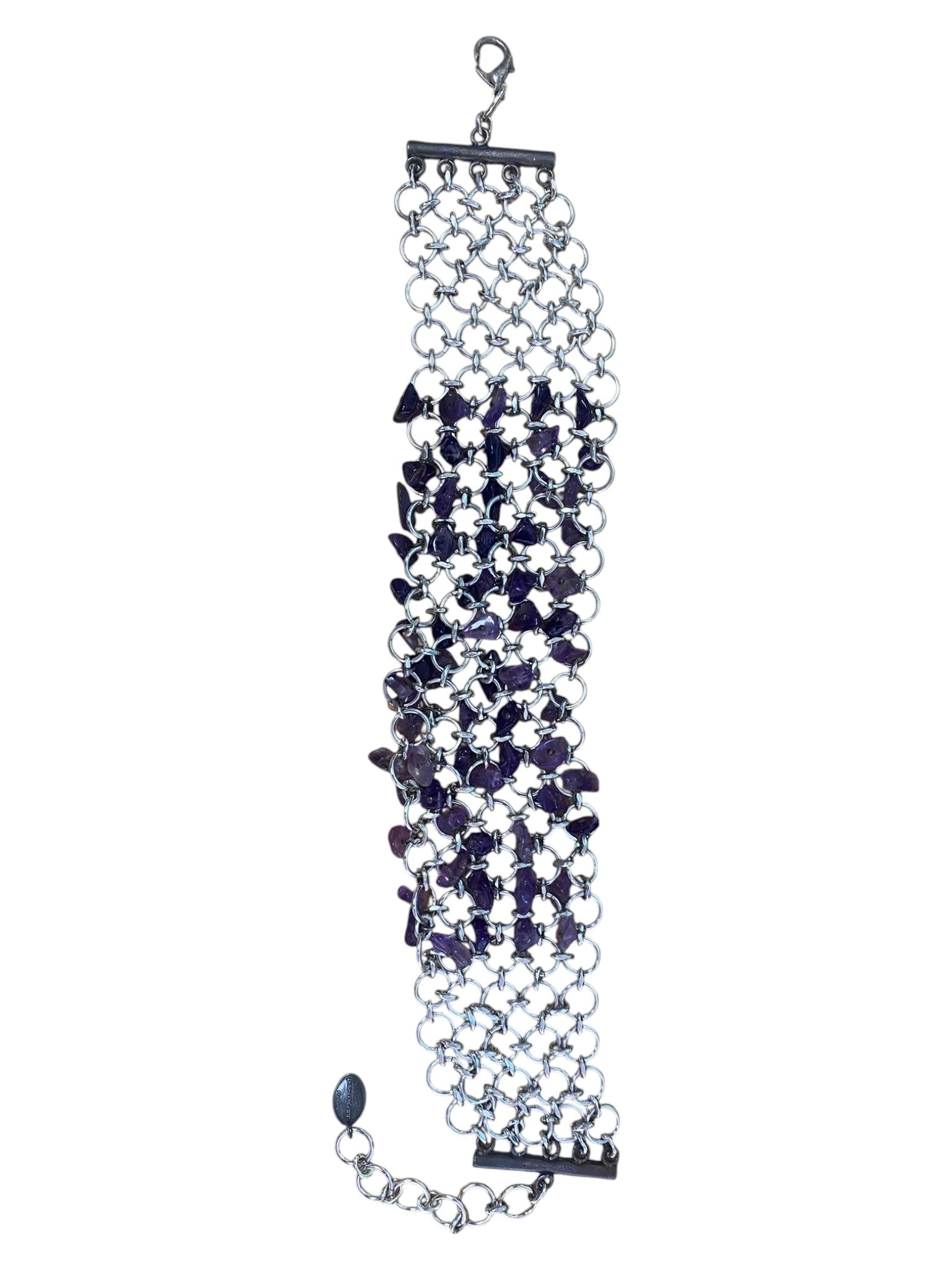 Paco Rabanne chainmail choker in silvered metal with violet glass beads