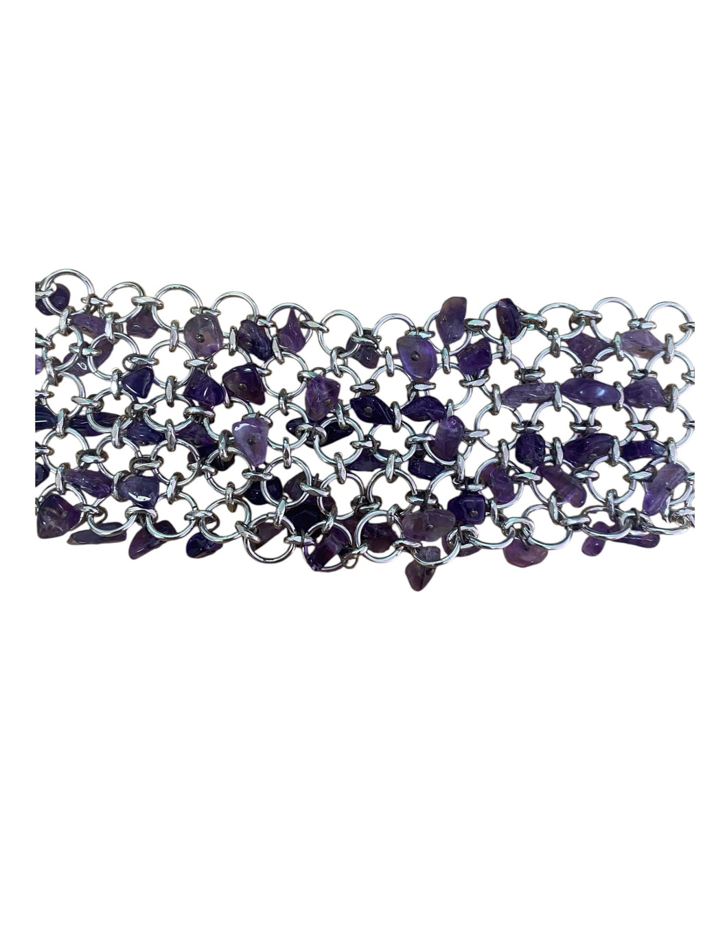 Paco Rabanne chainmail choker in silvered metal with violet glass beads