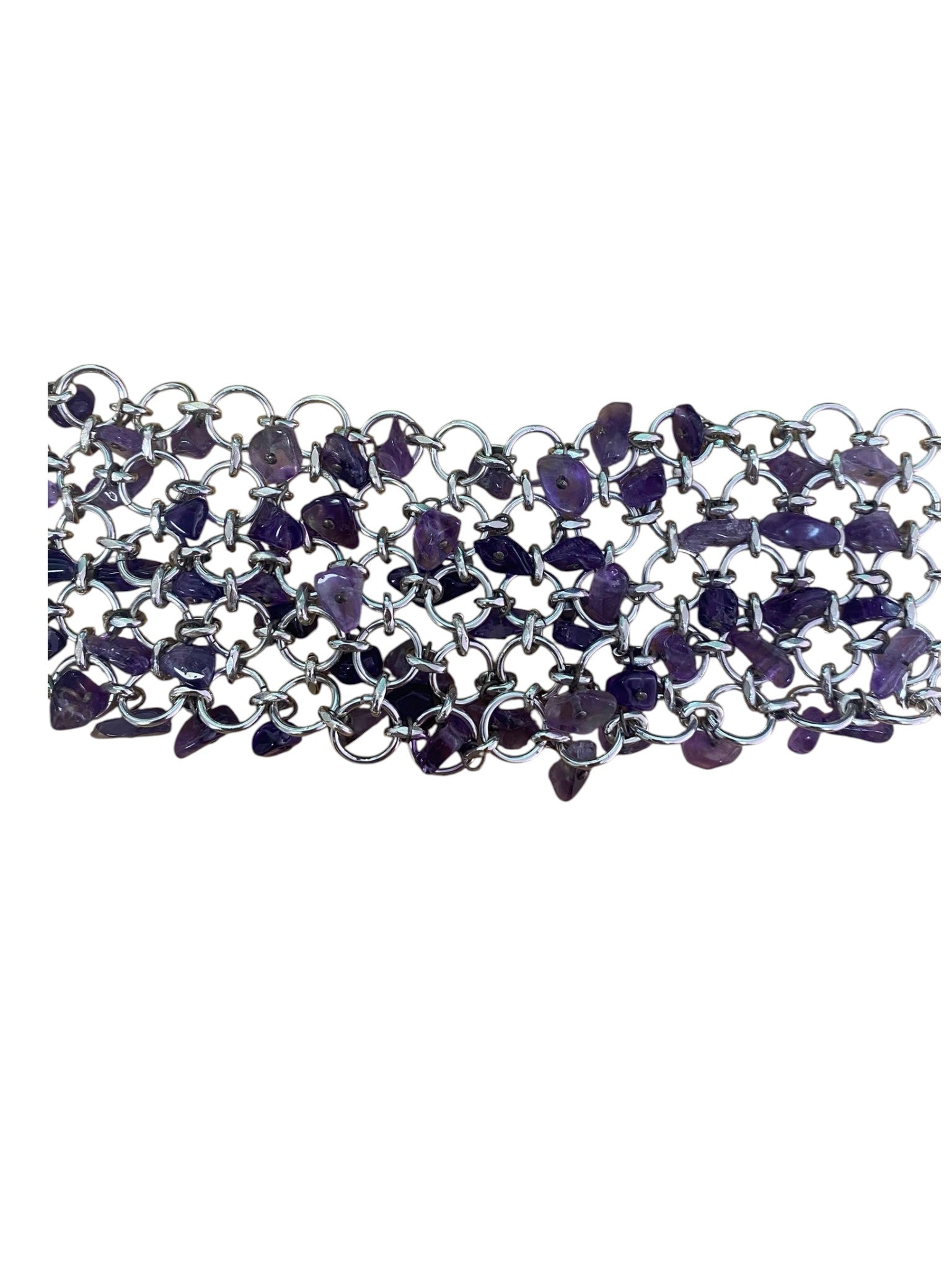 Paco Rabanne chainmail choker in silvered metal with violet glass beads