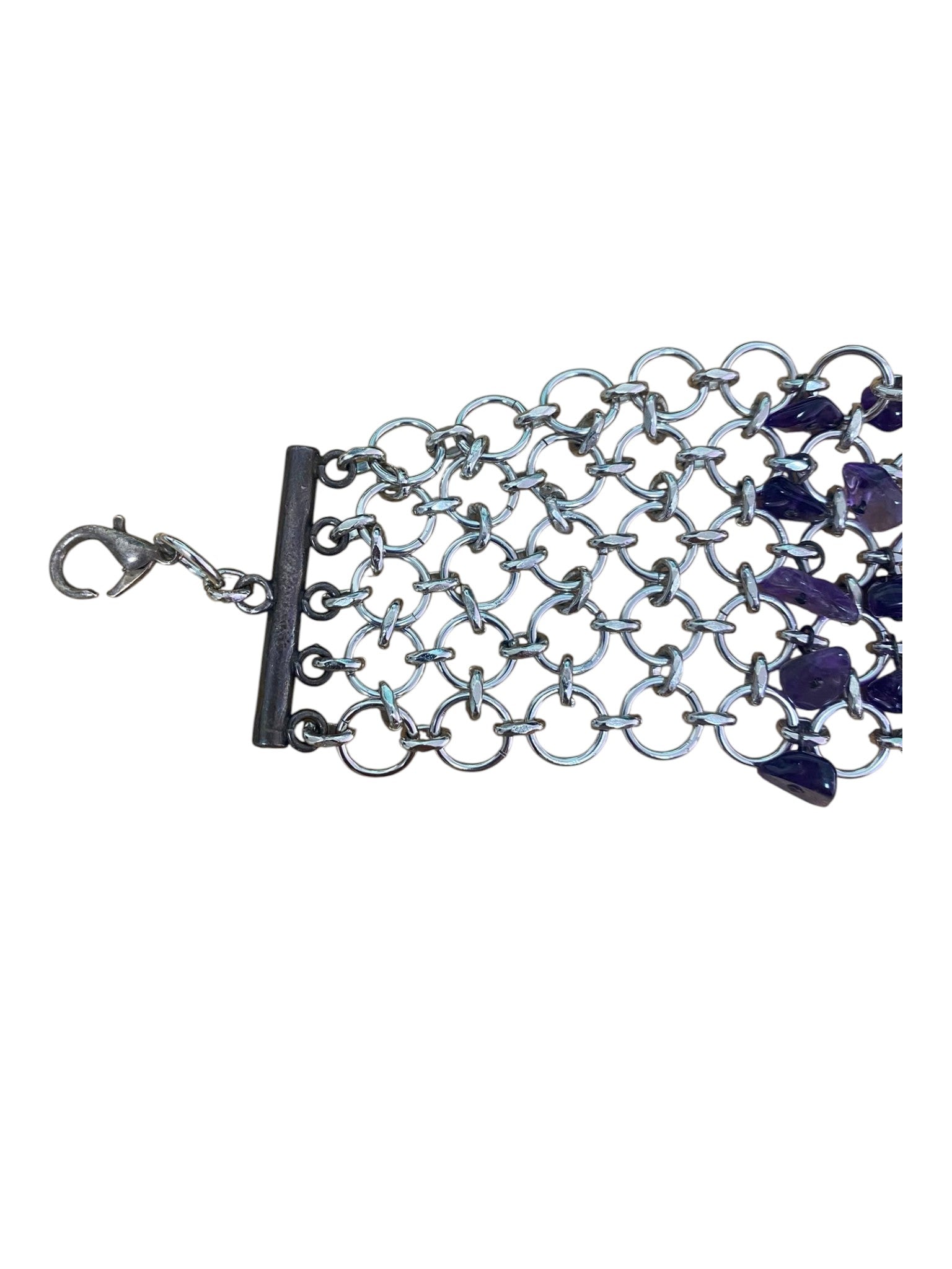Paco Rabanne chainmail choker in silvered metal with violet glass beads