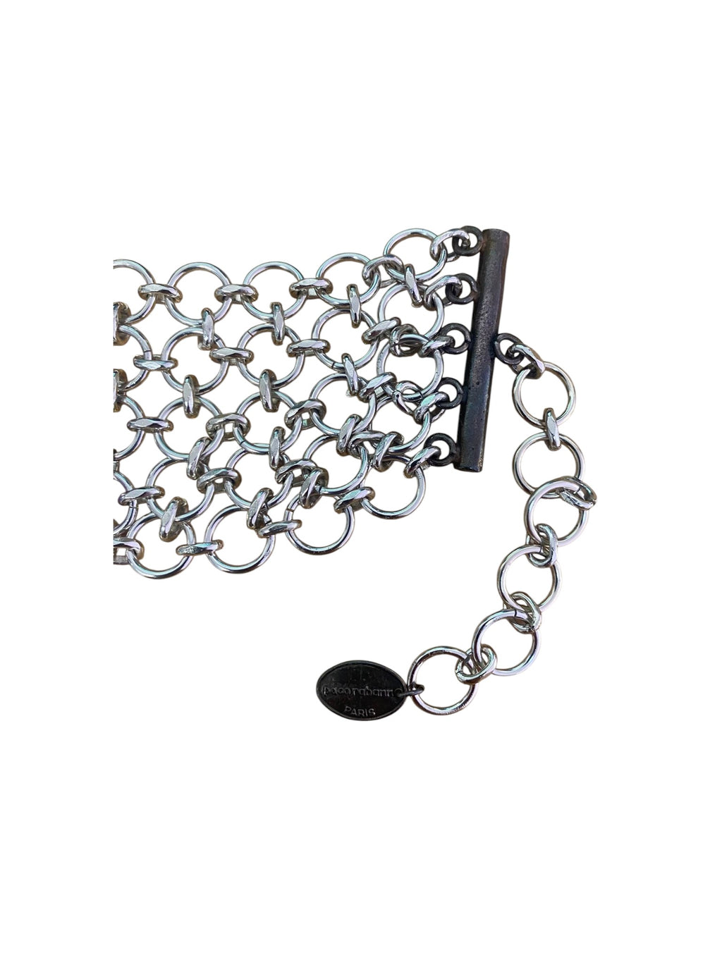 Paco Rabanne chainmail choker in silvered metal with violet glass beads