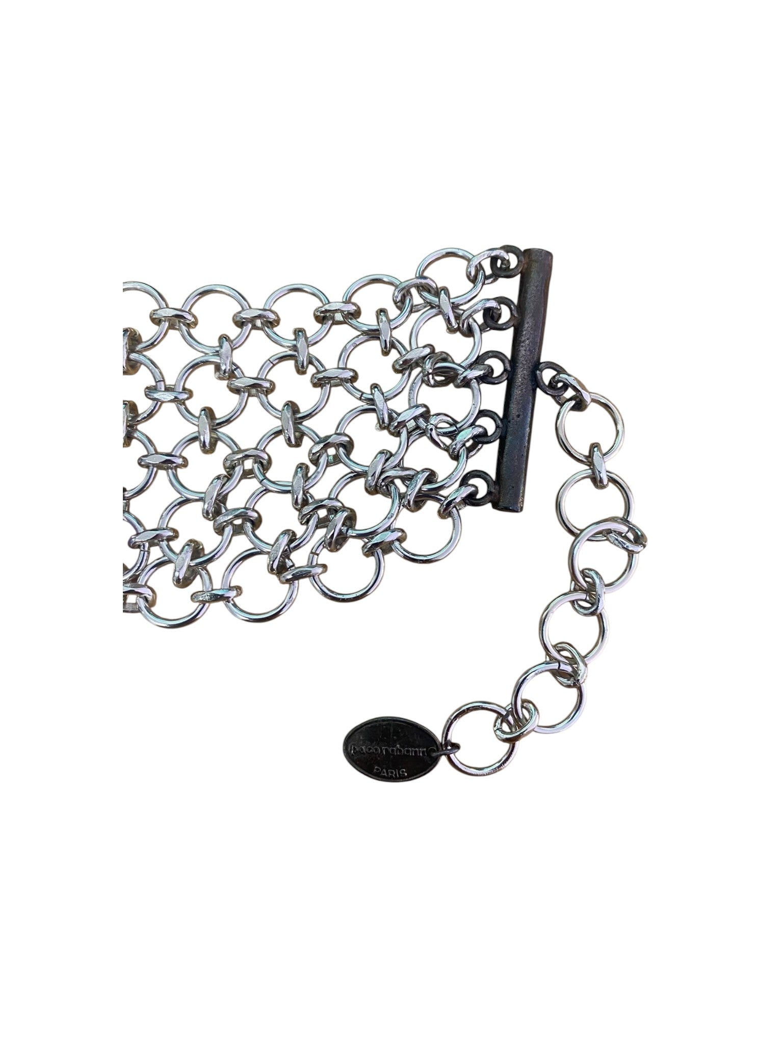 Paco Rabanne chainmail choker in silvered metal with violet glass beads