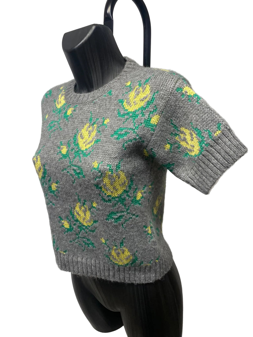 RED Valentino Grey Floral Knit Short-Sleeve Sweater – Size S