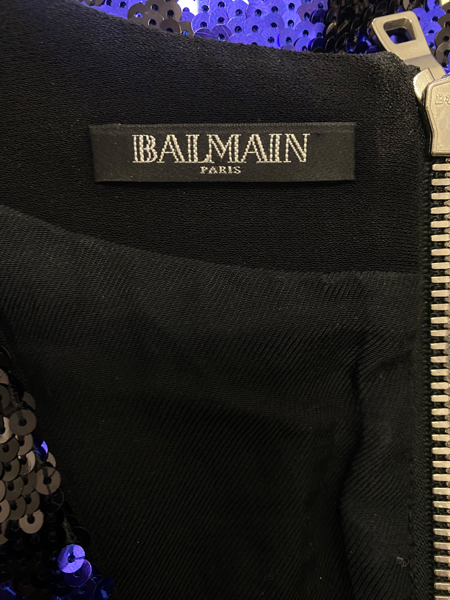 Fall2009 BALMAIN Sequined Leopard Print Mini Dress in Electric Blue & Black - Size FR 38