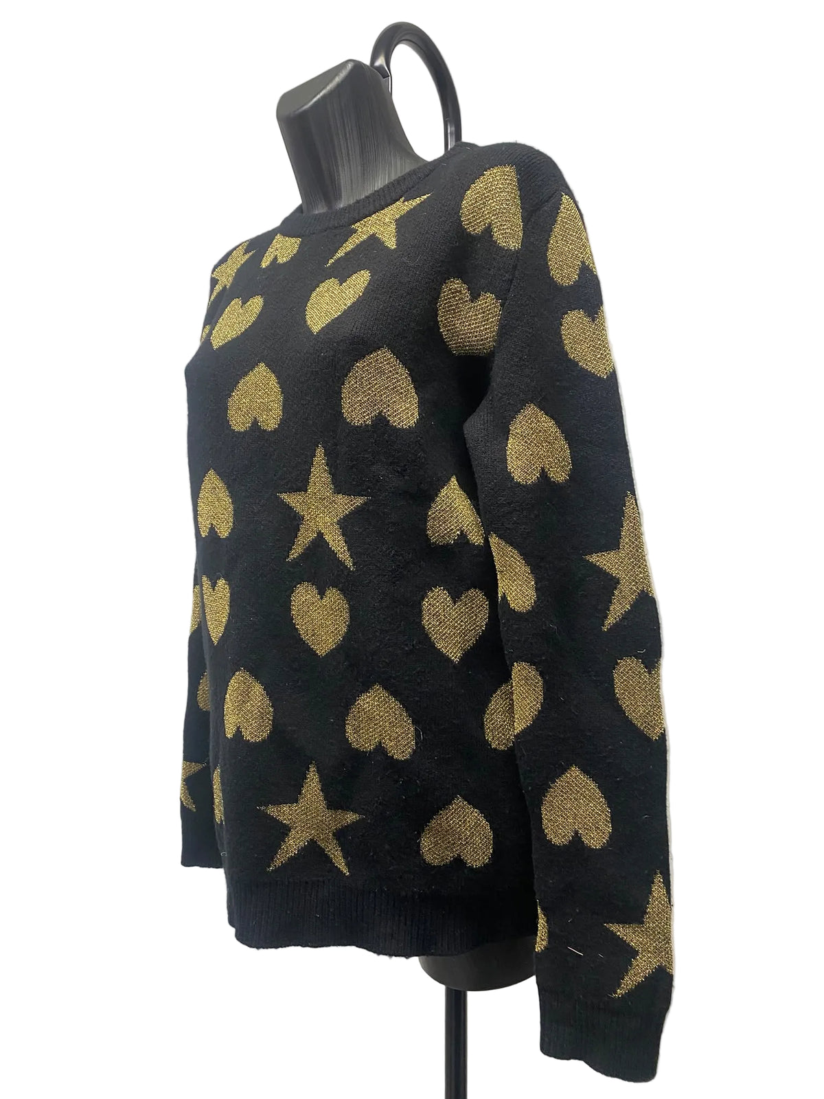 Gucci Black & Gold Metallic Lurex Hearts and Stars Jacquard Knit Sweater