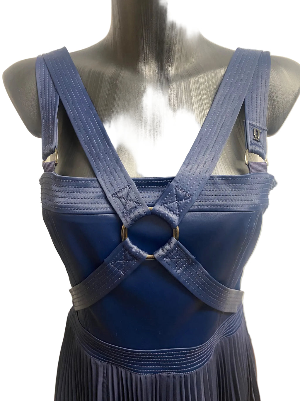Galliano Navy Blue Pleated Cocktail Dress with Ring Detail (IT 44 / NWT)