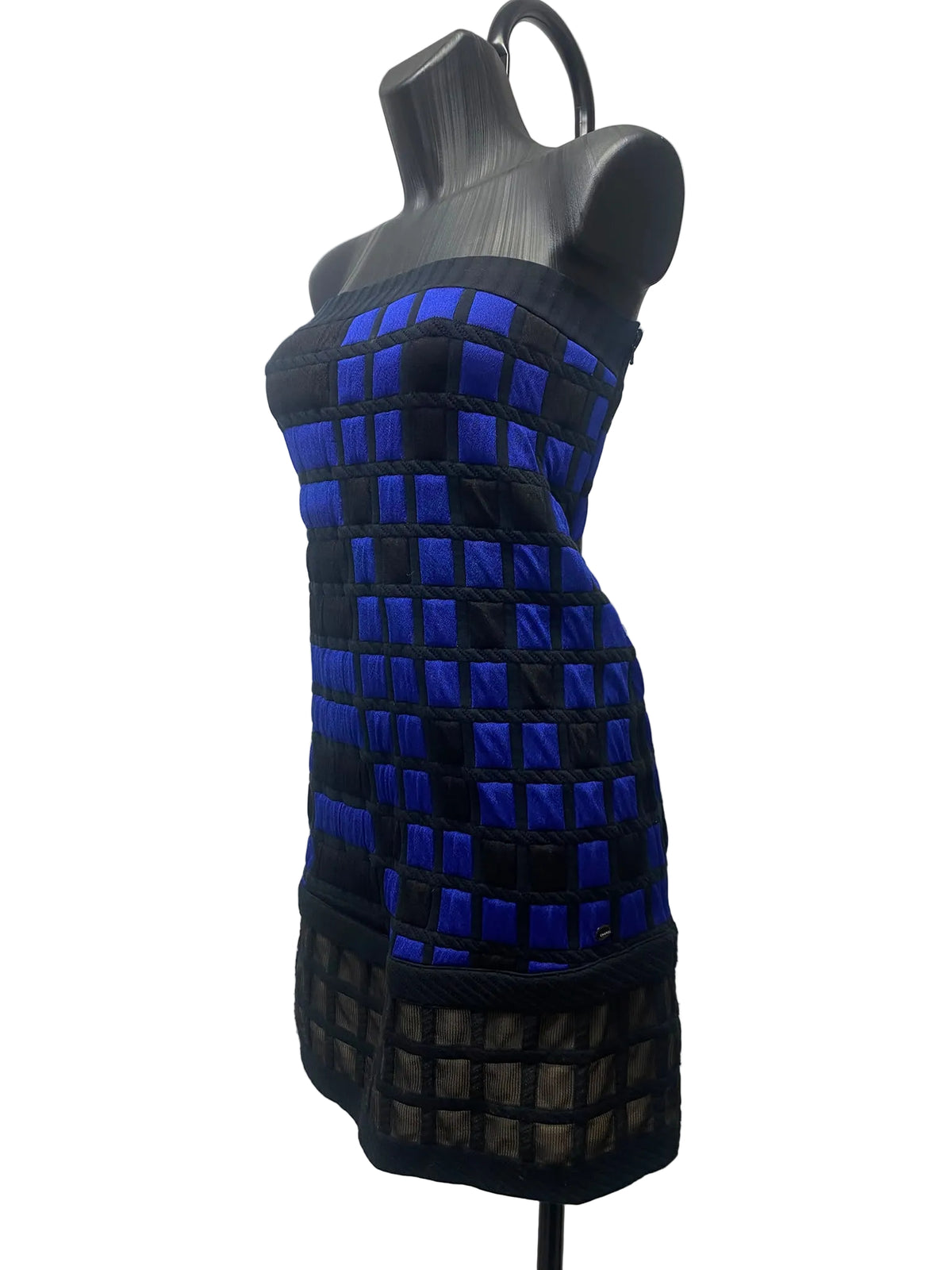 Chanel Spring 2013 Runway Black & Royal Blue Strapless Grid Knit Dress – Size 38