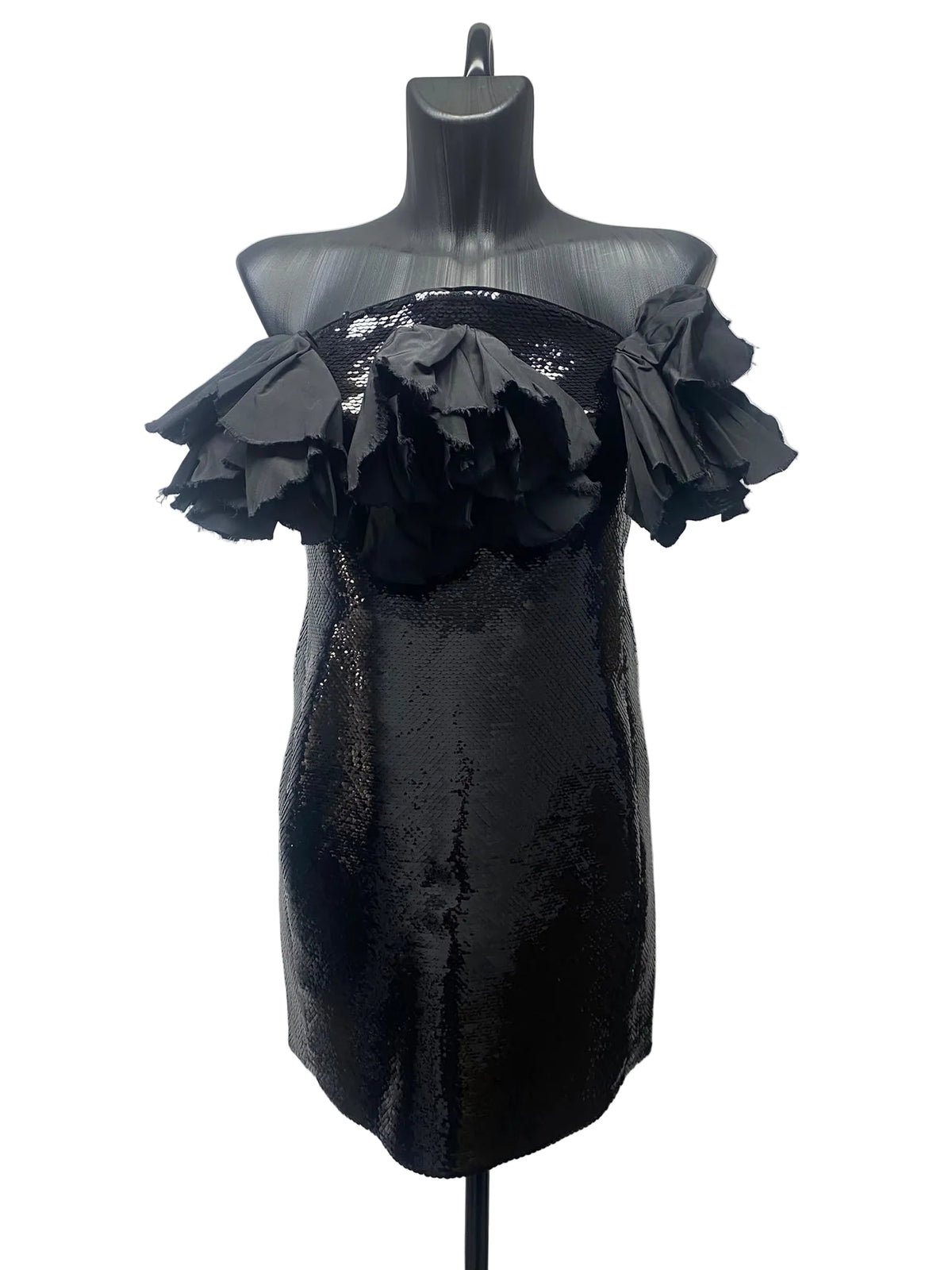 Saint Laurent Black Sequined Strapless Mini Dress with Voluminous Ruffles