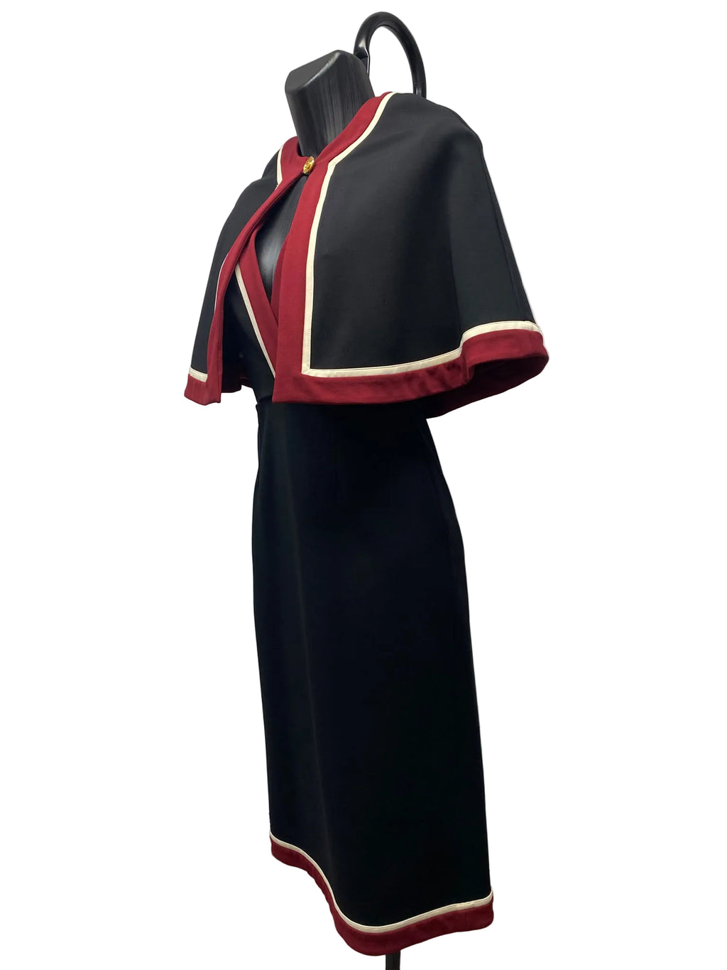 Gucci Black Marmont Cape-Overlay Midi Dress with Contrast Trim – Size M  Description: