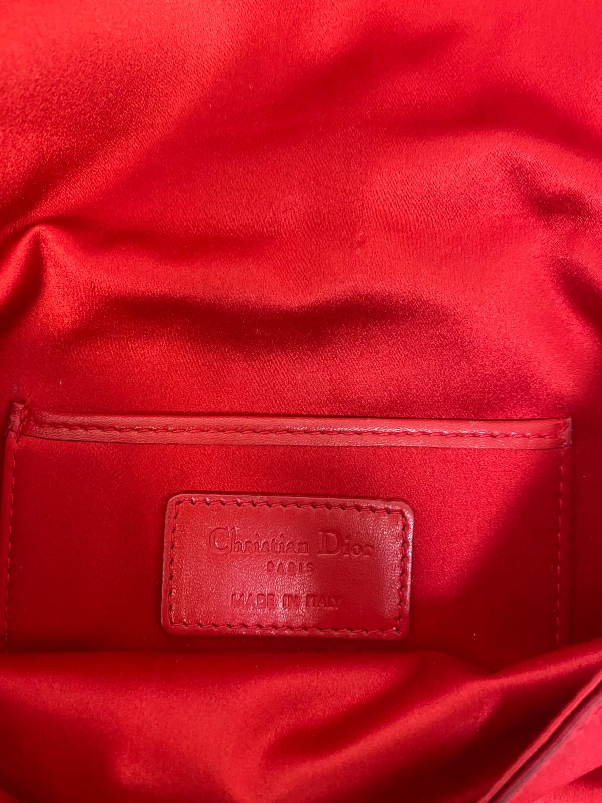Christian Dior Red Satin Cannage Crystal Embellished Clutch Bag