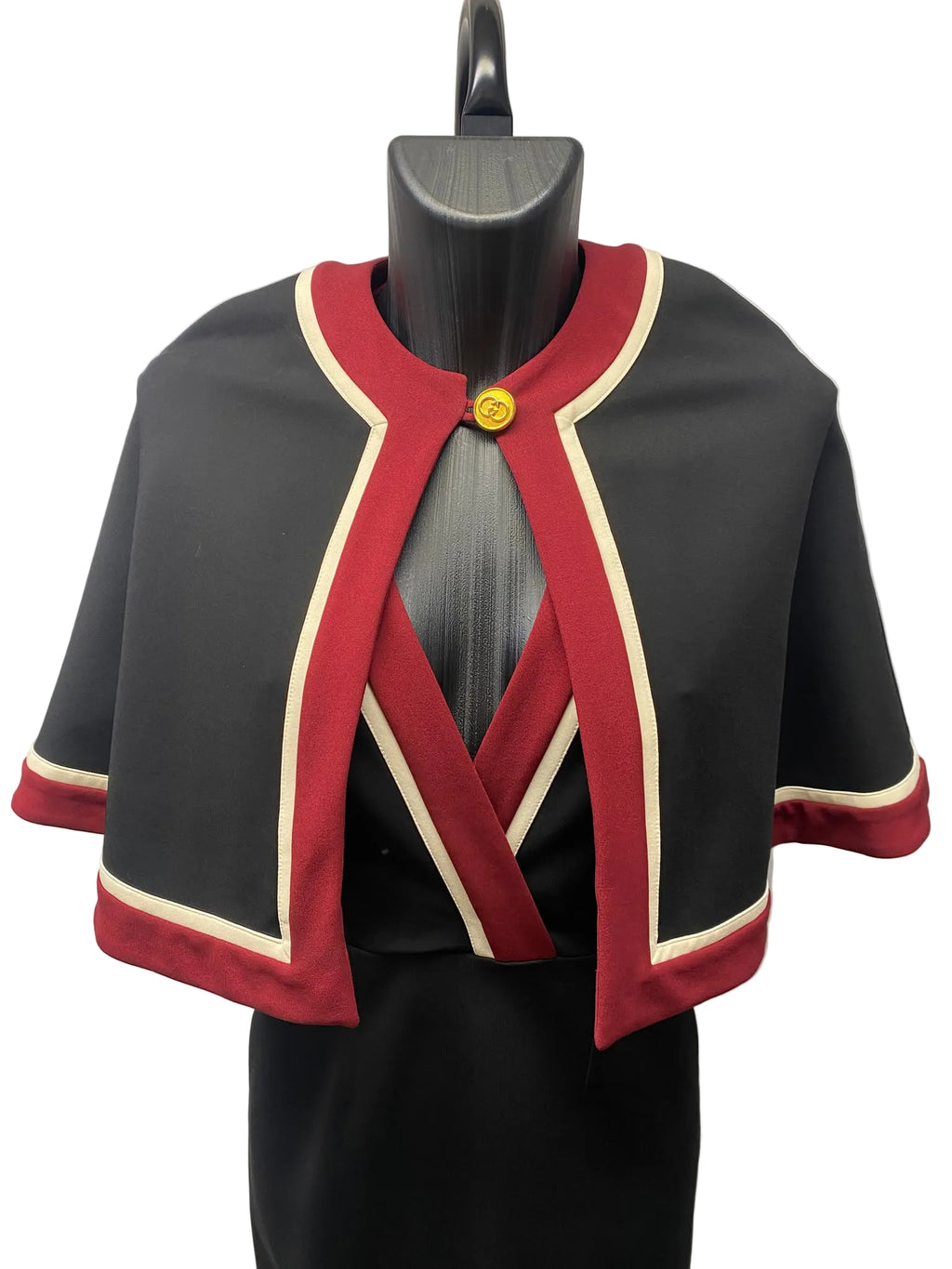 Gucci Black Marmont Cape-Overlay Midi Dress with Contrast Trim – Size M  Description: