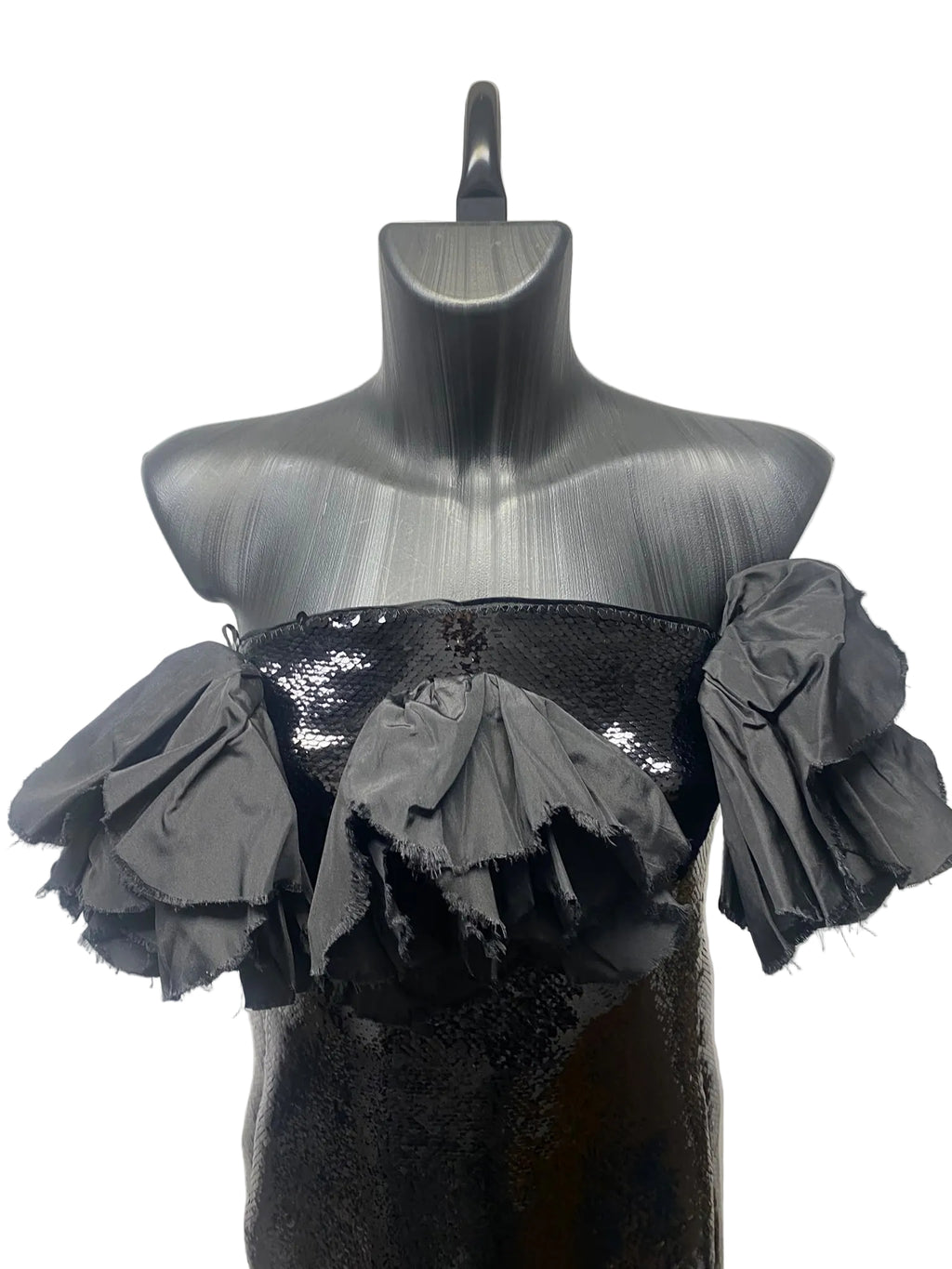 Saint Laurent Black Sequined Strapless Mini Dress with Voluminous Ruffles