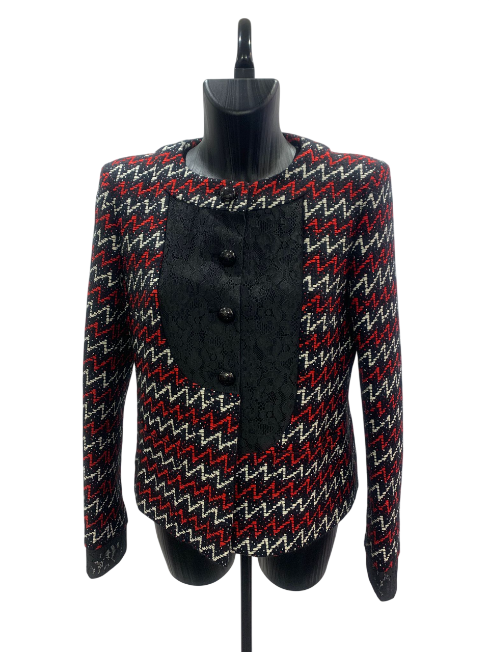 Chanel Red and Black Tweed and Lace Jacket