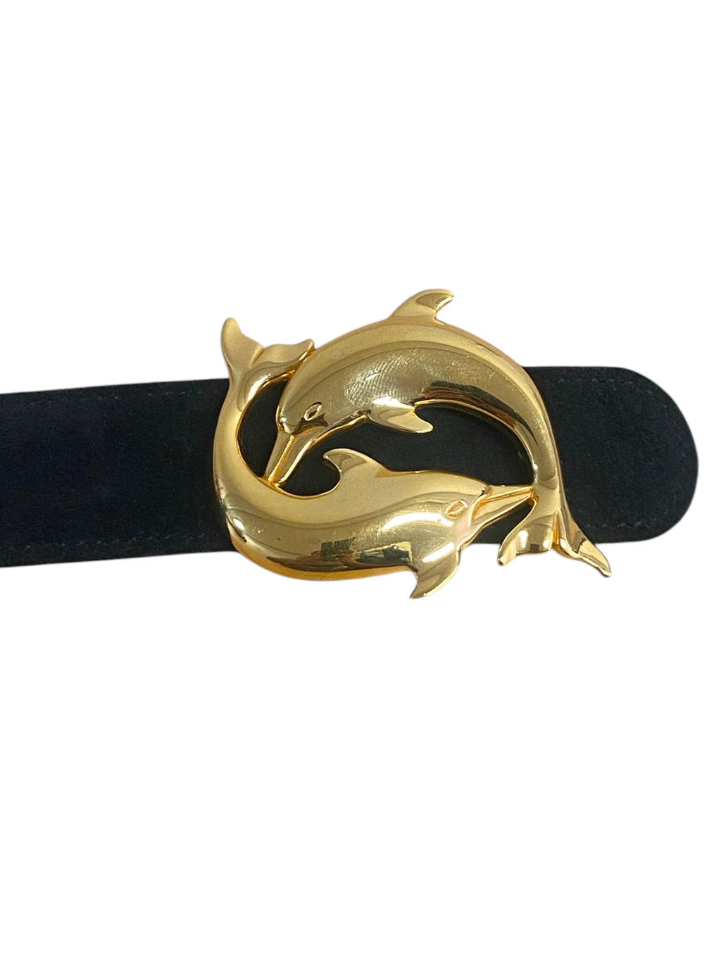 Vintage Hermès Suede Belt with Gold-Plated Double Dolphin Buckle – Size 80
