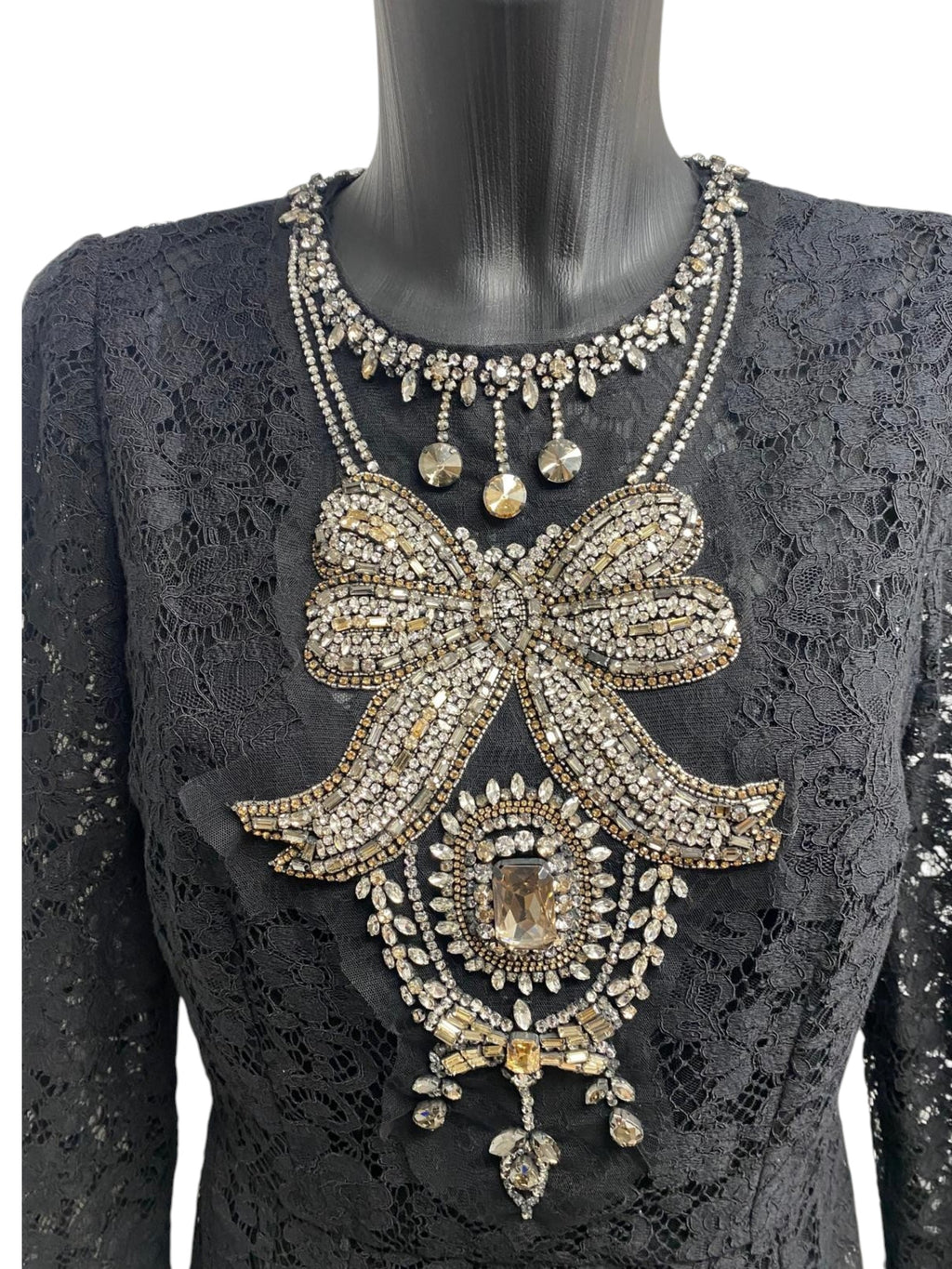 FW12 Dolce & Gabbana Black Lace Midi Dress with Crystal Bow Embroidery – Size 46