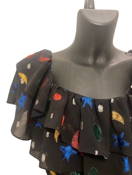 Saint Laurent Black Dress in Silk with Stars and Moon Print (2018)