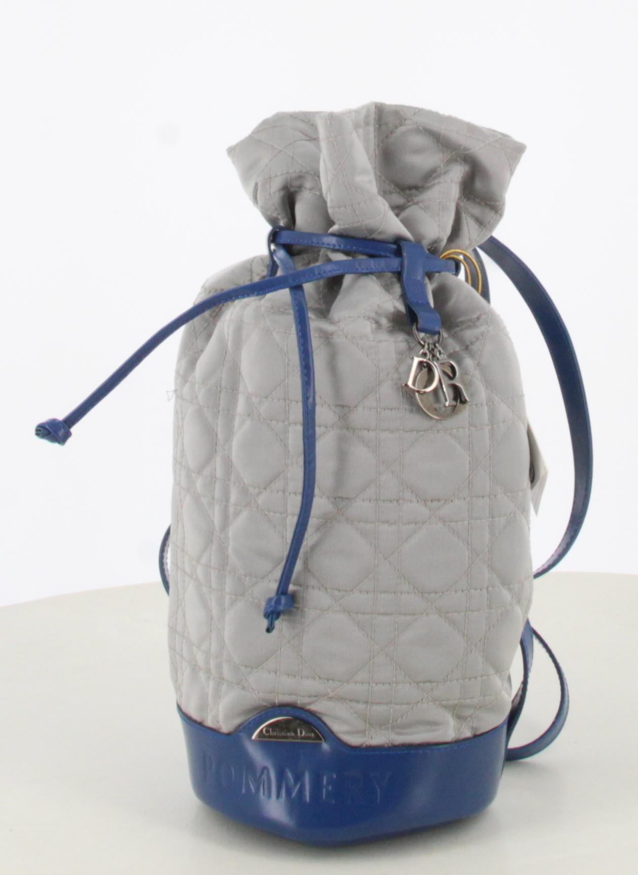 Christian Dior Pommery Blue Leather Gray Quilted Satin Backpack Bucket Bag