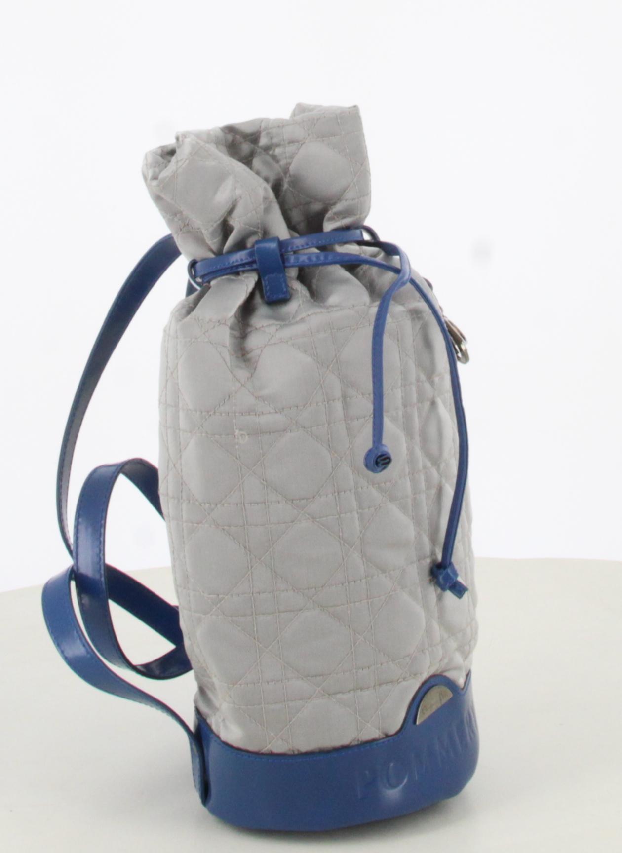 Christian Dior Pommery Blue Leather Gray Quilted Satin Backpack Bucket Bag
