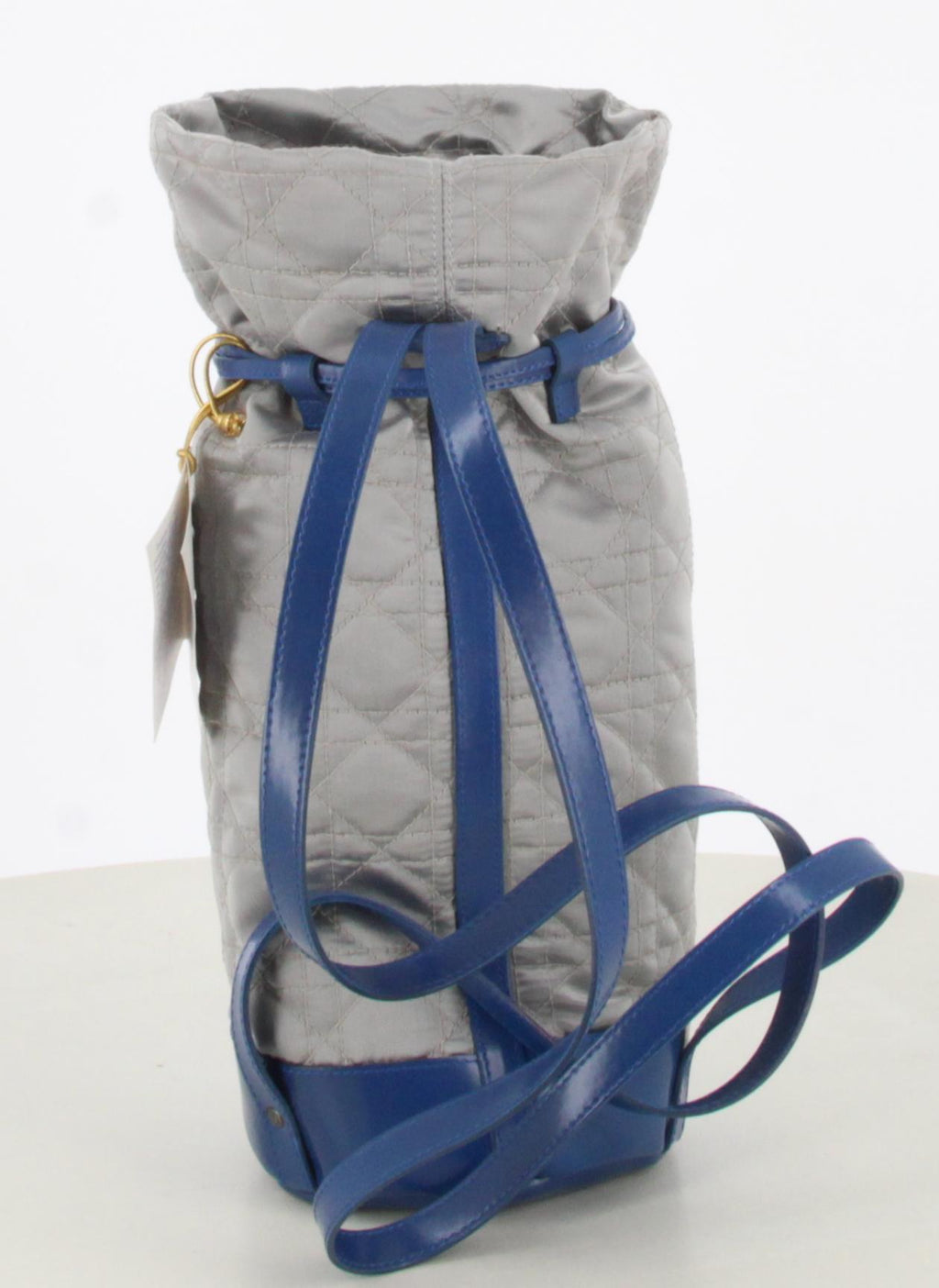 Christian Dior Pommery Blue Leather Gray Quilted Satin Backpack Bucket Bag