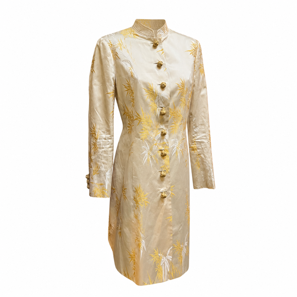 Moschino long jacket in beige with gold floral patterns