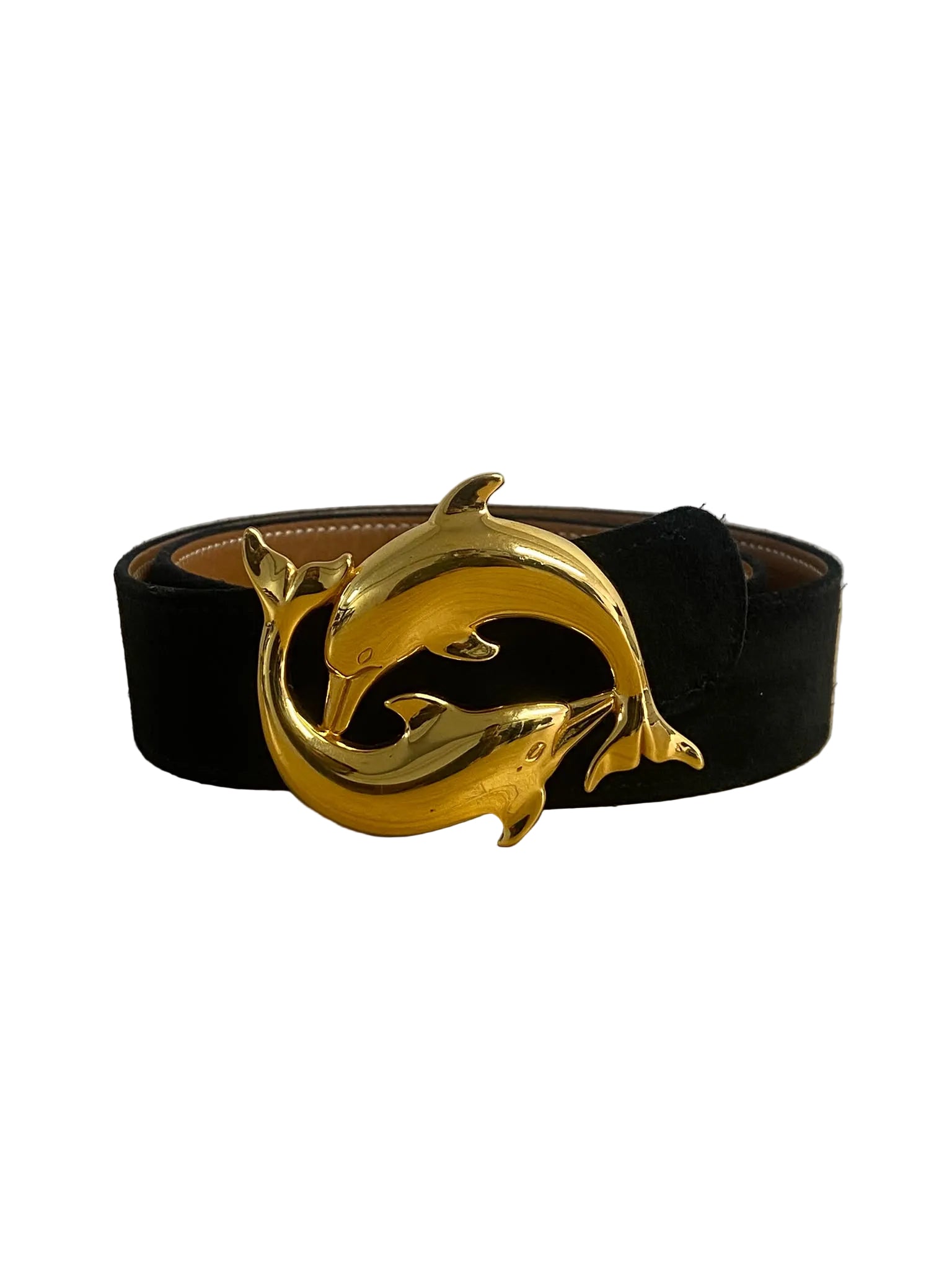 Vintage Hermès Suede Belt with Gold-Plated Double Dolphin Buckle – Size 80
