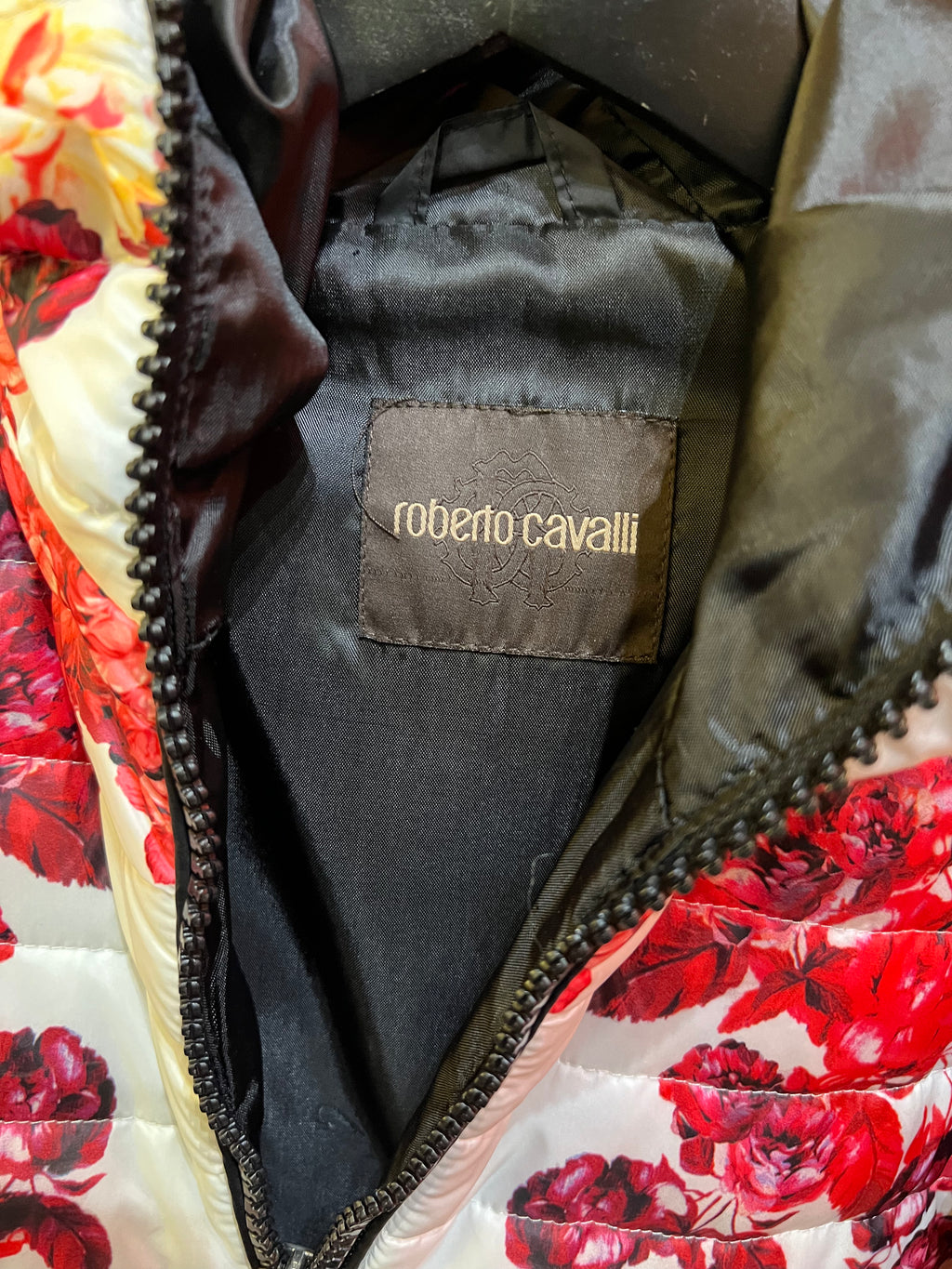 Roberto Cavalli Down Jacket with Red Floral Pattern