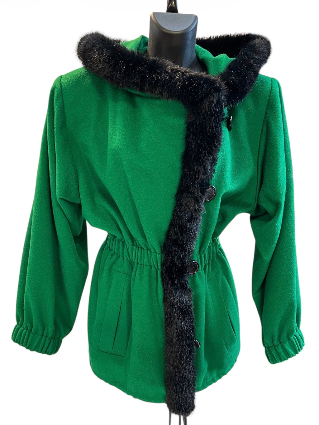 Yves Saint Laurent Short Coat Fur and Wool Green and Black