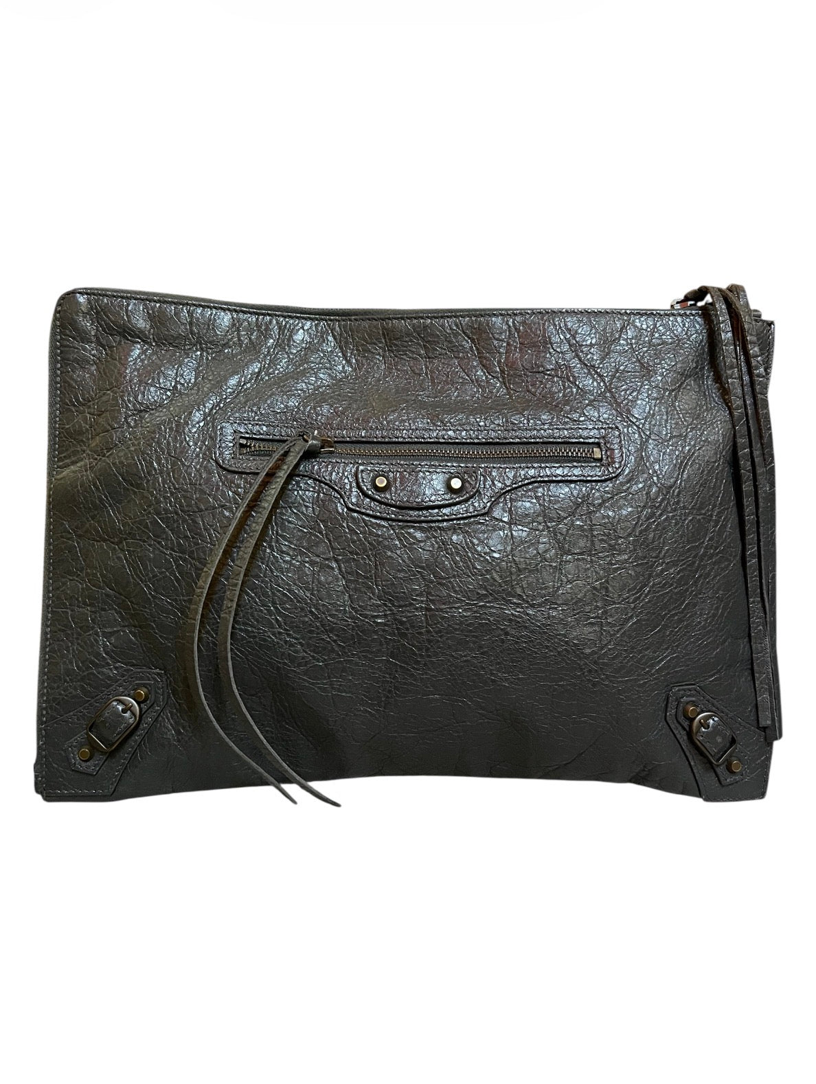 Balenciaga Gray Leather Clutch Bag with Multiple Pockets