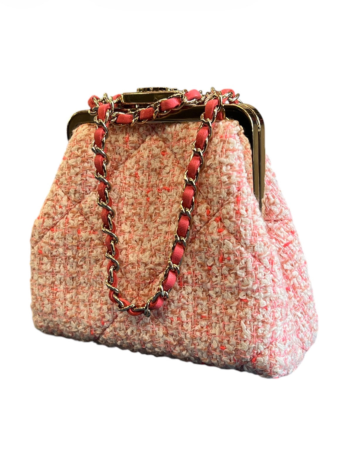 Chanel Quilted Tweed Kisslock Clutch With Chain