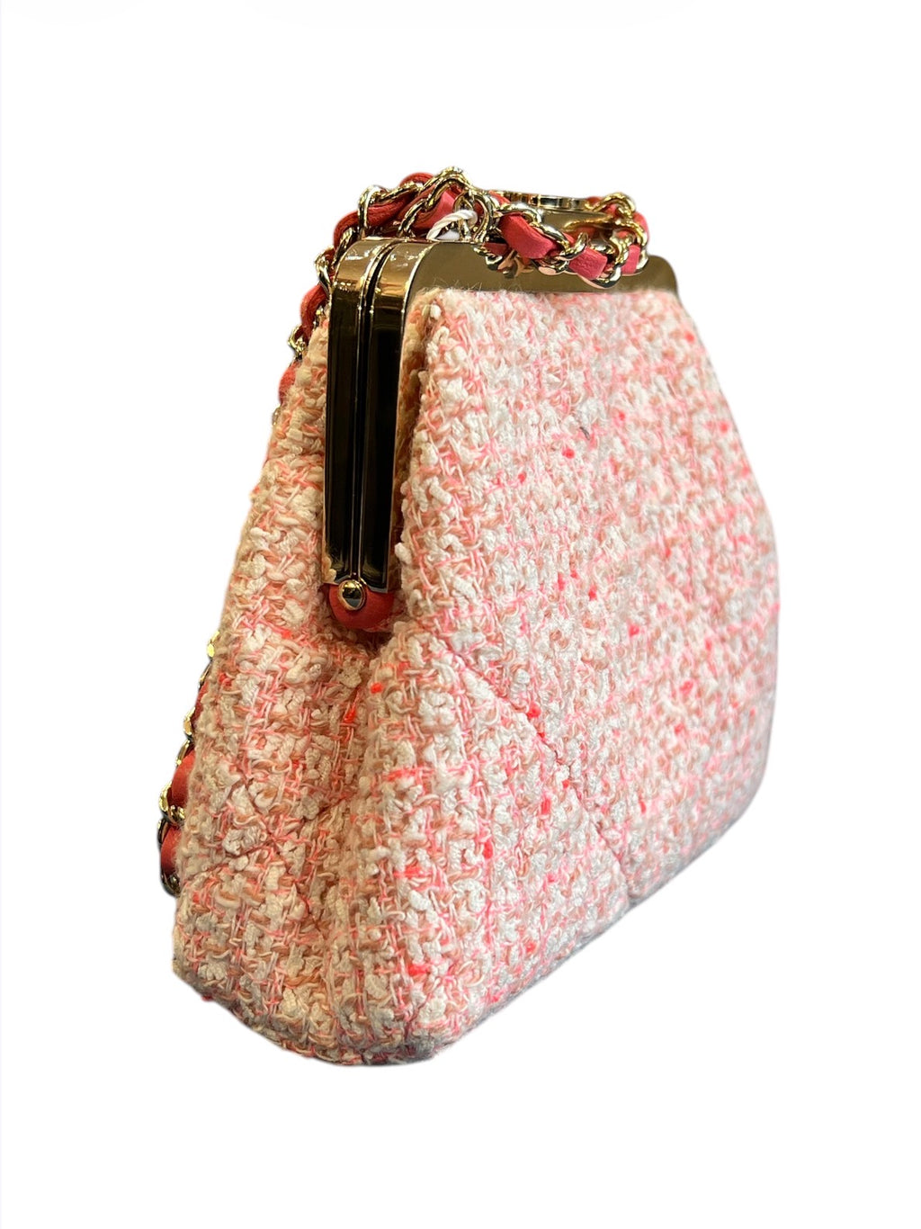 Chanel Quilted Tweed Kisslock Clutch With Chain
