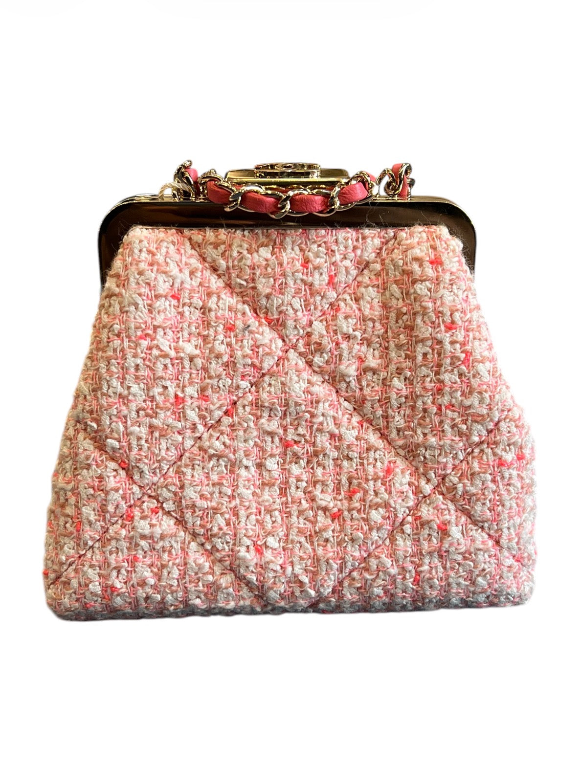 Chanel Quilted Tweed Kisslock Clutch With Chain