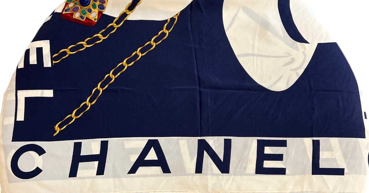 Chanel Blue and White Silk Scarf with Logo – Opulence Vintage