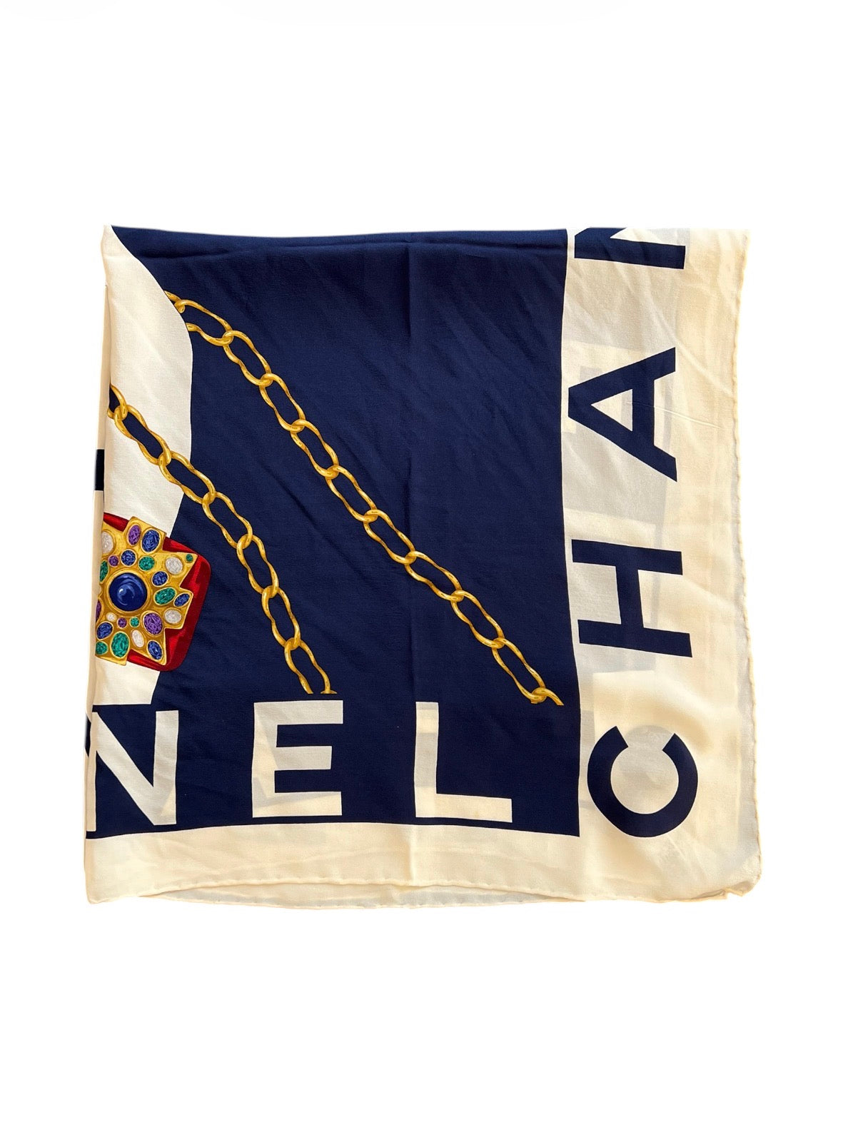 Chanel Blue and White Silk Scarf with Logo